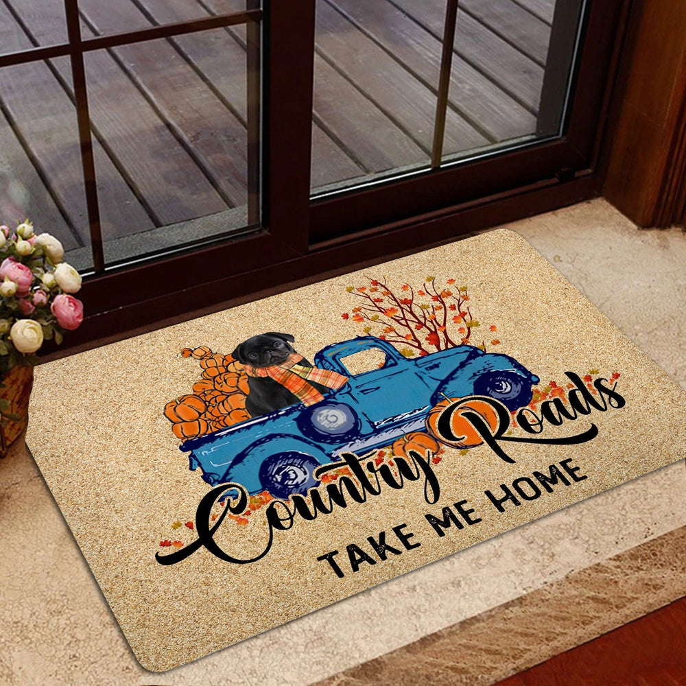 Pug Welcome Doormat, Black Pug Country Road Take Me Home Fall Pumpkins Autumn Welcome Doormat, Pets Home Decor Door Mat