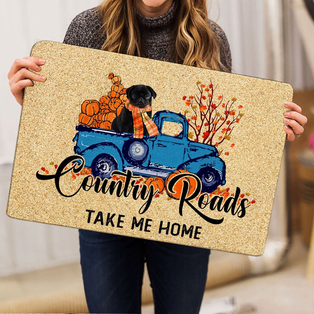 Pug Welcome Doormat, Black Pug Country Road Take Me Home Fall Pumpkins Autumn Welcome Doormat, Pets Home Decor Door Mat