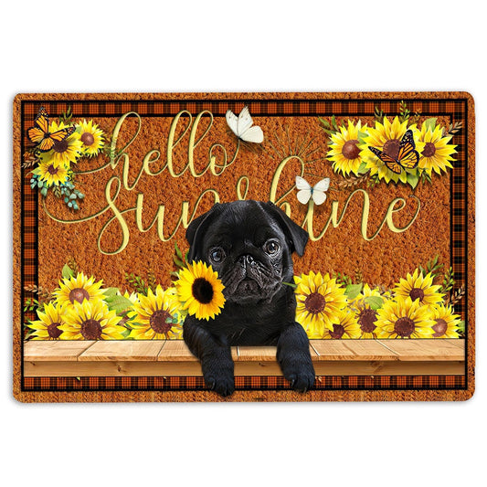 Pug Welcome Doormat, Black Pug Dog Hello Sunflower Butterfly Welcome Doormat, Pets Home Decor Door Mat