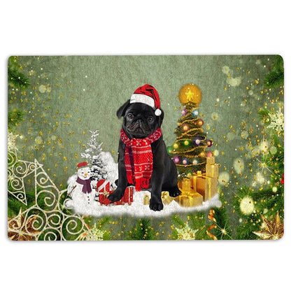 Pug Welcome Doormat, Black Pug Dog Merry Christmas Snow Christmas Tree Xmas Holidays Welcome Doormat, Pets Home Decor Door Mat