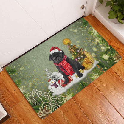 Pug Welcome Doormat, Black Pug Dog Merry Christmas Snow Christmas Tree Xmas Holidays Welcome Doormat, Pets Home Decor Door Mat