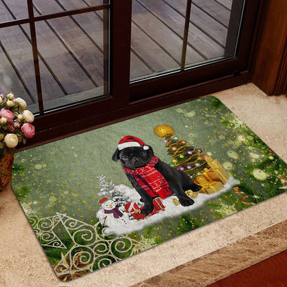 Pug Welcome Doormat, Black Pug Dog Merry Christmas Snow Christmas Tree Xmas Holidays Welcome Doormat, Pets Home Decor Door Mat