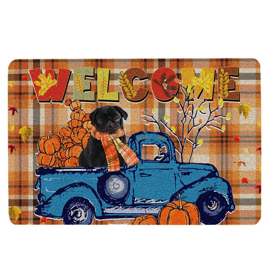 Pug Welcome Doormat, Black Pug Pumpkin Truck Autumn Happy Fall Y'all Thanksgiving Day Welcome Doormat, Pets Home Decor Door Mat