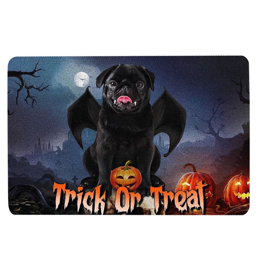 Pug Welcome Doormat, Black Pug Trick Or Treat Boo Halloween Moon Night Pumpkin Funny Welcome Doormat, Pets Home Decor Door Mat