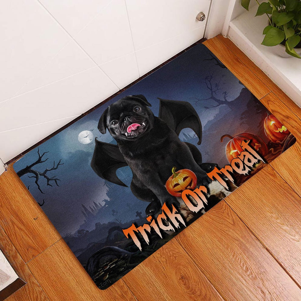 Pug Welcome Doormat, Black Pug Trick Or Treat Boo Halloween Moon Night Pumpkin Funny Welcome Doormat, Pets Home Decor Door Mat