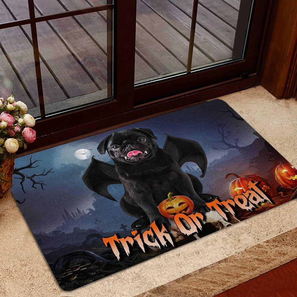 Pug Welcome Doormat, Black Pug Trick Or Treat Boo Halloween Moon Night Pumpkin Funny Welcome Doormat, Pets Home Decor Door Mat