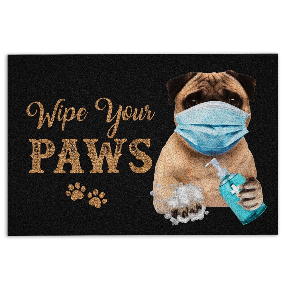 Pug Welcome Doormat, Funny Pug Dog Puppy Wearing Face Mask Wipe Your Paws Black Welcome Doormat, Pets Home Decor Door Mat