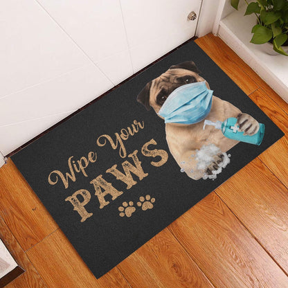 Pug Welcome Doormat, Funny Pug Dog Puppy Wearing Face Mask Wipe Your Paws Black Welcome Doormat, Pets Home Decor Door Mat