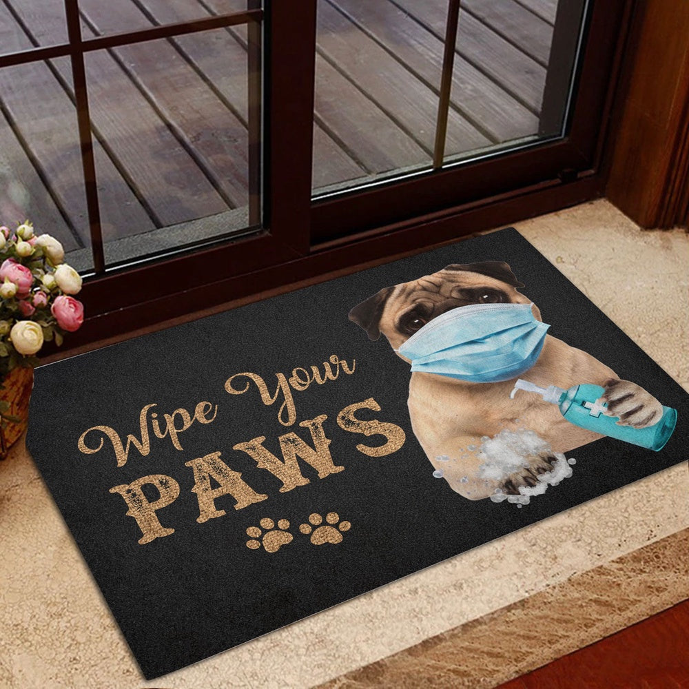Pug Welcome Doormat, Funny Pug Dog Puppy Wearing Face Mask Wipe Your Paws Black Welcome Doormat, Pets Home Decor Door Mat
