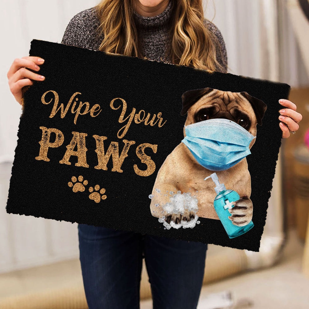 Pug Welcome Doormat, Funny Pug Dog Puppy Wearing Face Mask Wipe Your Paws Black Welcome Doormat, Pets Home Decor Door Mat