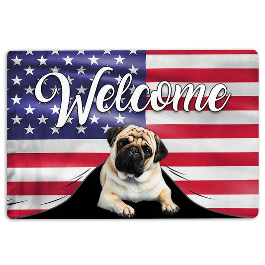 Pug Welcome Doormat, Funny Pug Dog Welcome American Flag USA Patriotic Welcome Doormat, Pets Home Decor Door Mat