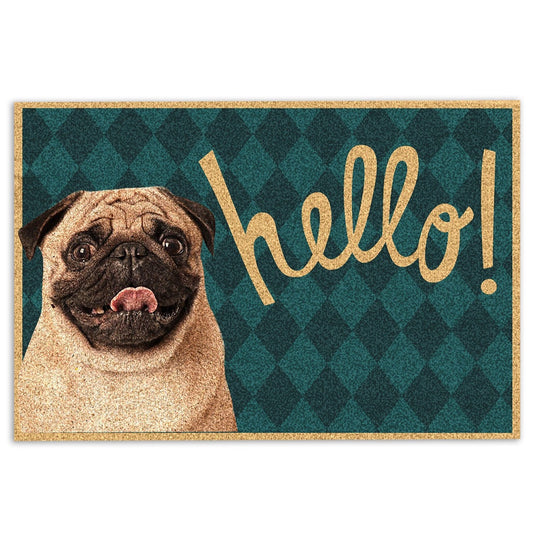Pug Welcome Doormat, Funny Pug Hello Unique Gift For Dog Lover Viridian Green Welcome Doormat, Pets Home Decor Door Mat