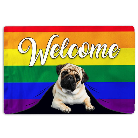 Pug Welcome Doormat, LGBT Pug Dog Welcome Pride Rainbow Flag Welcome Doormat, Pets Home Decor Door Mat
