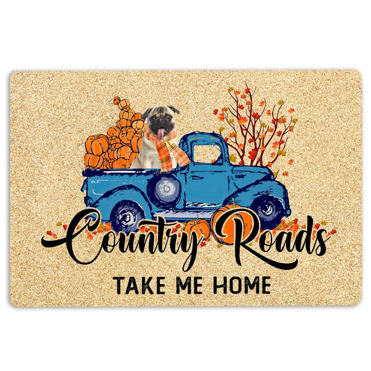 Pug Welcome Doormat, Pug Dog Country Road Take Me Home Fall Pumpkins Autumn Welcome Doormat, Indoor Outdoor Doormat Home Decor