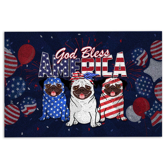 Pug Welcome Doormat, Pug Dog God Bless America Patriotic 4th of July Independence Day Welcome Doormat, Pets Home Decor Door Mat