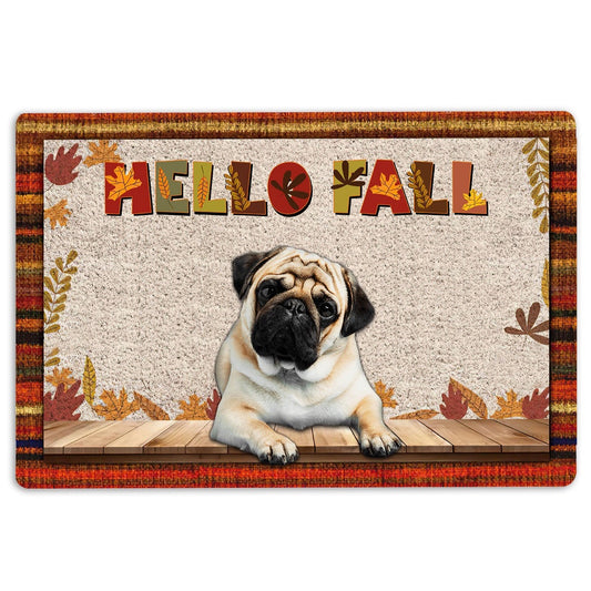 Pug Welcome Doormat, Pug Dog Hello Fall Pumpkin Spice Maple Leaf Autumn Welcome Doormat, Pets Home Decor Door Mat