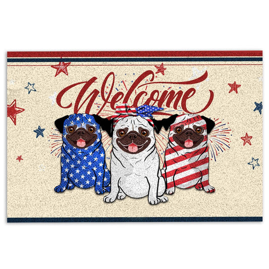 Pug Welcome Doormat, Pug Dog Patriotic American Firework 4Th of July Independence Day Welcome Doormat, Pets Home Decor Door Mat