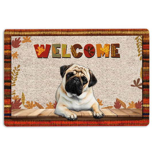 Pug Welcome Doormat, Pug Dog Welcome Fall Autumn Pumpkin Spice Maple Leaf Welcome Doormat, Pets Home Decor Door Mat