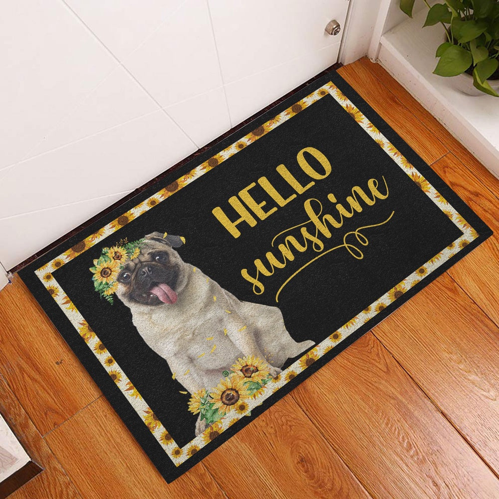 Pug Welcome Doormat, Pug Hello Sunflower Floral For Dog Puppy Lover Black Welcome Doormat, Pets Home Decor Door Mat