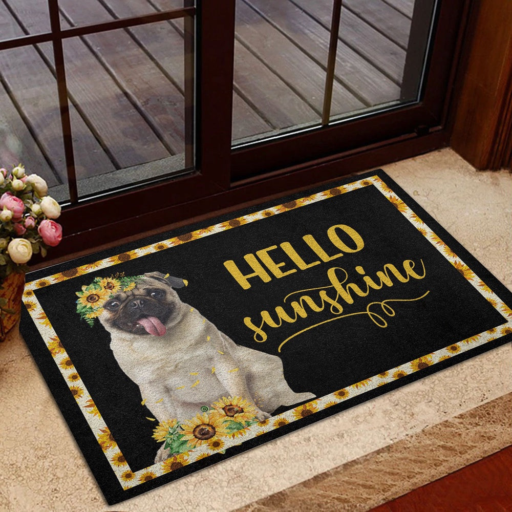 Pug Welcome Doormat, Pug Hello Sunflower Floral For Dog Puppy Lover Black Welcome Doormat, Pets Home Decor Door Mat