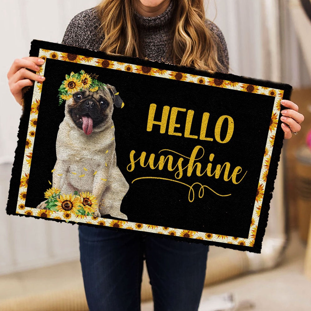 Pug Welcome Doormat, Pug Hello Sunflower Floral For Dog Puppy Lover Black Welcome Doormat, Pets Home Decor Door Mat