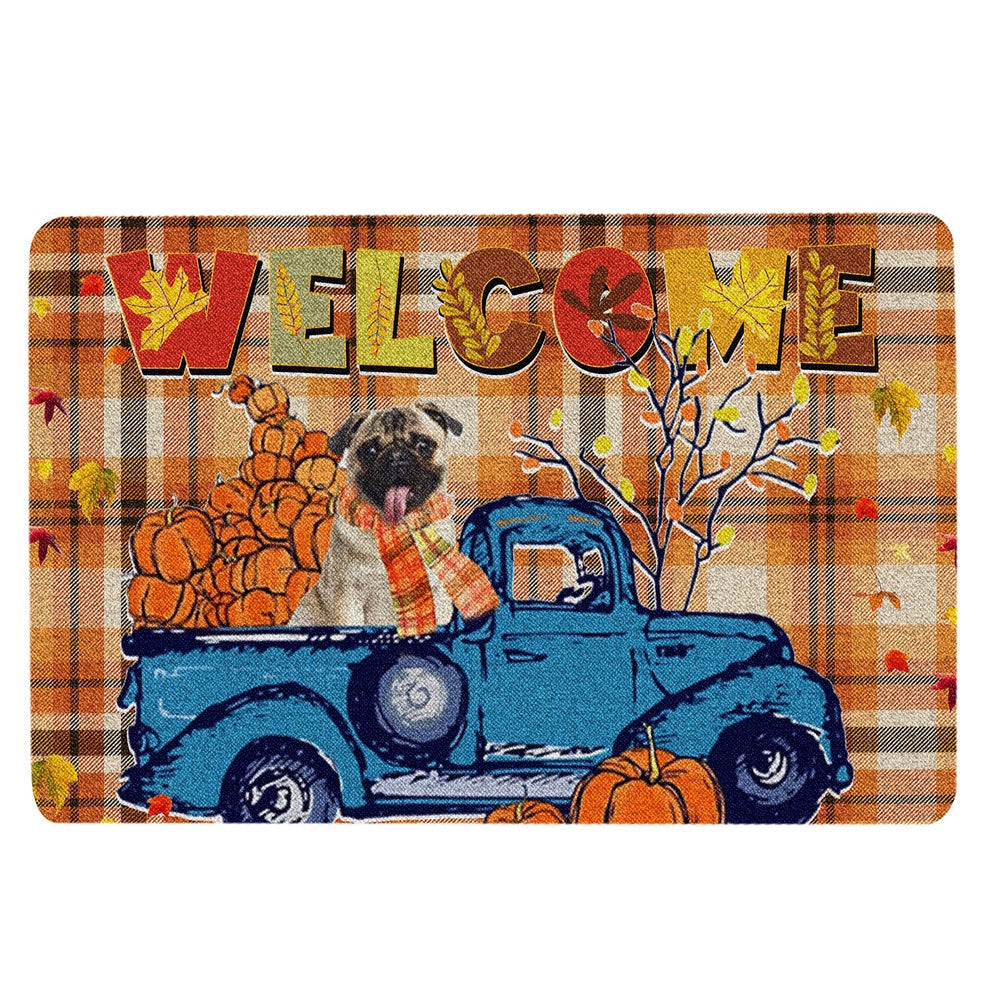 Pug Welcome Doormat, Pug Pumpkin Truck Autumn Happy Fall Y'all Thanksgiving Day Welcome Doormat, Pets Home Decor Door Mat