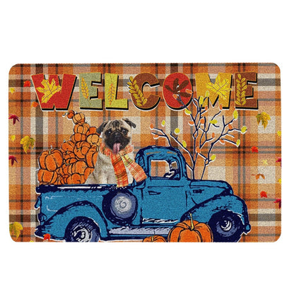 Pug Welcome Doormat, Pug Pumpkin Truck Autumn Happy Fall Y'all Thanksgiving Day Welcome Doormat, Pets Home Decor Door Mat