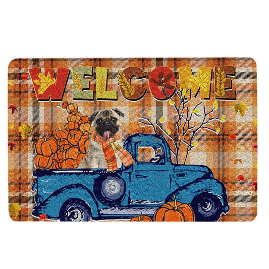 Pug Welcome Doormat, Pug Pumpkin Truck Autumn Happy Fall Y'all Thanksgiving Day Welcome Doormat, Pets Home Decor Door Mat