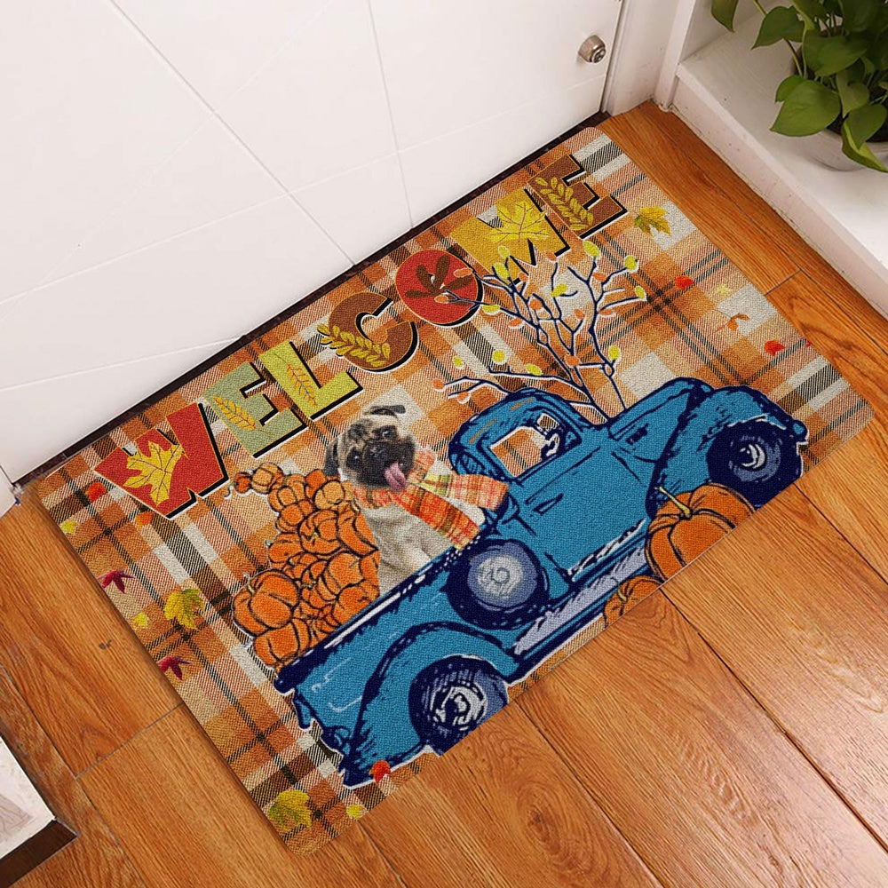 Pug Welcome Doormat, Pug Pumpkin Truck Autumn Happy Fall Y'all Thanksgiving Day Welcome Doormat, Pets Home Decor Door Mat