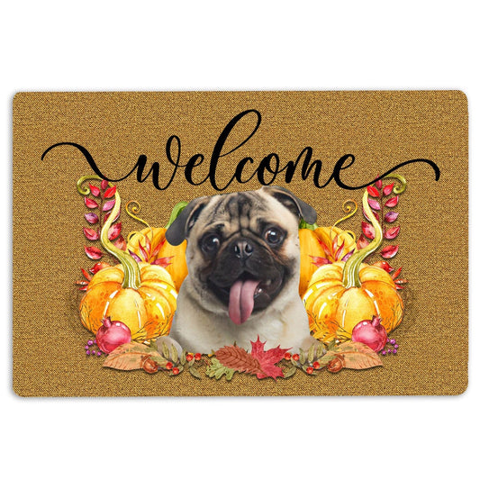 Pug Welcome Doormat, Pumpkin Spice Pug Dog Welcome Fall Autumn Welcome Doormat, Pets Home Decor Door Mat