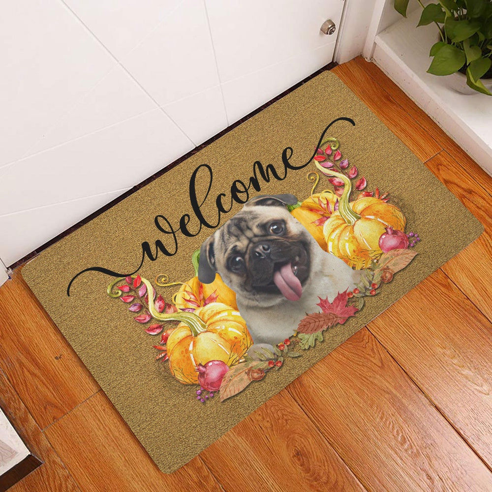 Pug Welcome Doormat, Pumpkin Spice Pug Dog Welcome Fall Autumn Welcome Doormat, Pets Home Decor Door Mat