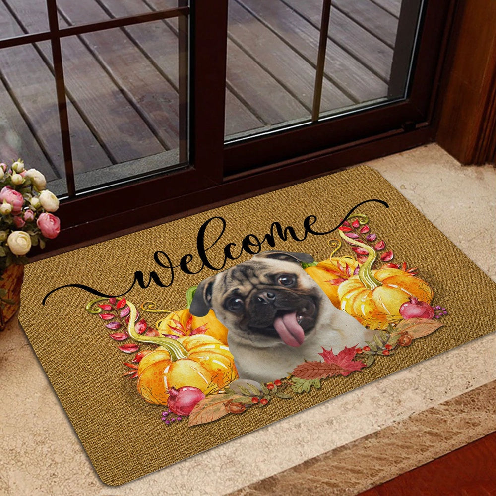 Pug Welcome Doormat, Pumpkin Spice Pug Dog Welcome Fall Autumn Welcome Doormat, Pets Home Decor Door Mat