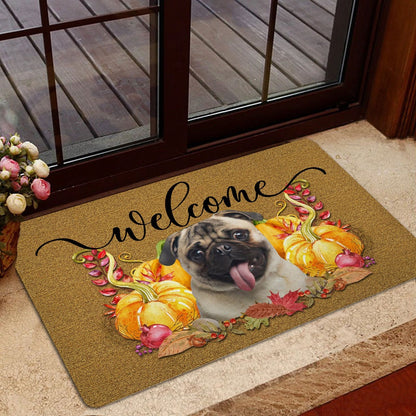 Pug Welcome Doormat, Pumpkin Spice Pug Dog Welcome Fall Autumn Welcome Doormat, Pets Home Decor Door Mat