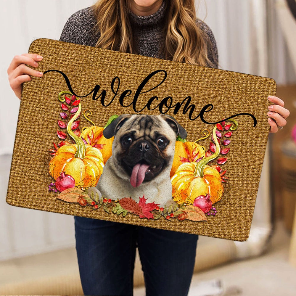Pug Welcome Doormat, Pumpkin Spice Pug Dog Welcome Fall Autumn Welcome Doormat, Pets Home Decor Door Mat