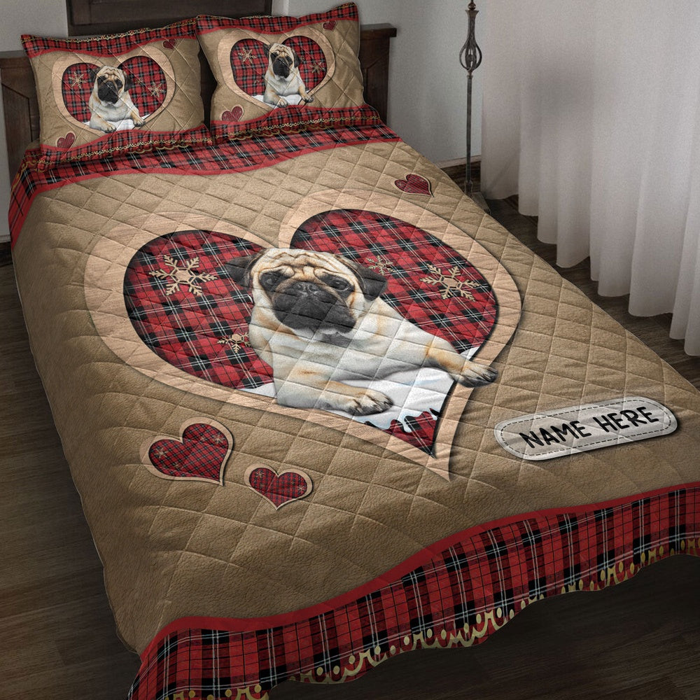 Pugmas Heart Red Plaid Bedding Set, Christmas Beddings, Xmas Bedding Sets