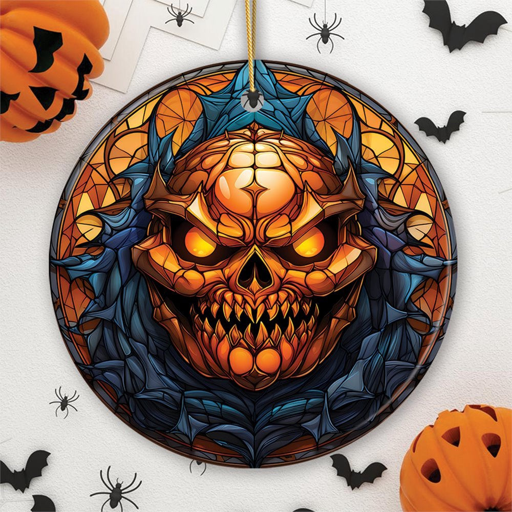 Pumpkin Skull with Glowing Red Eyes Stained Glass Style Ceramic Ornament, Halloween Themed Christmas, Christmas Ornament