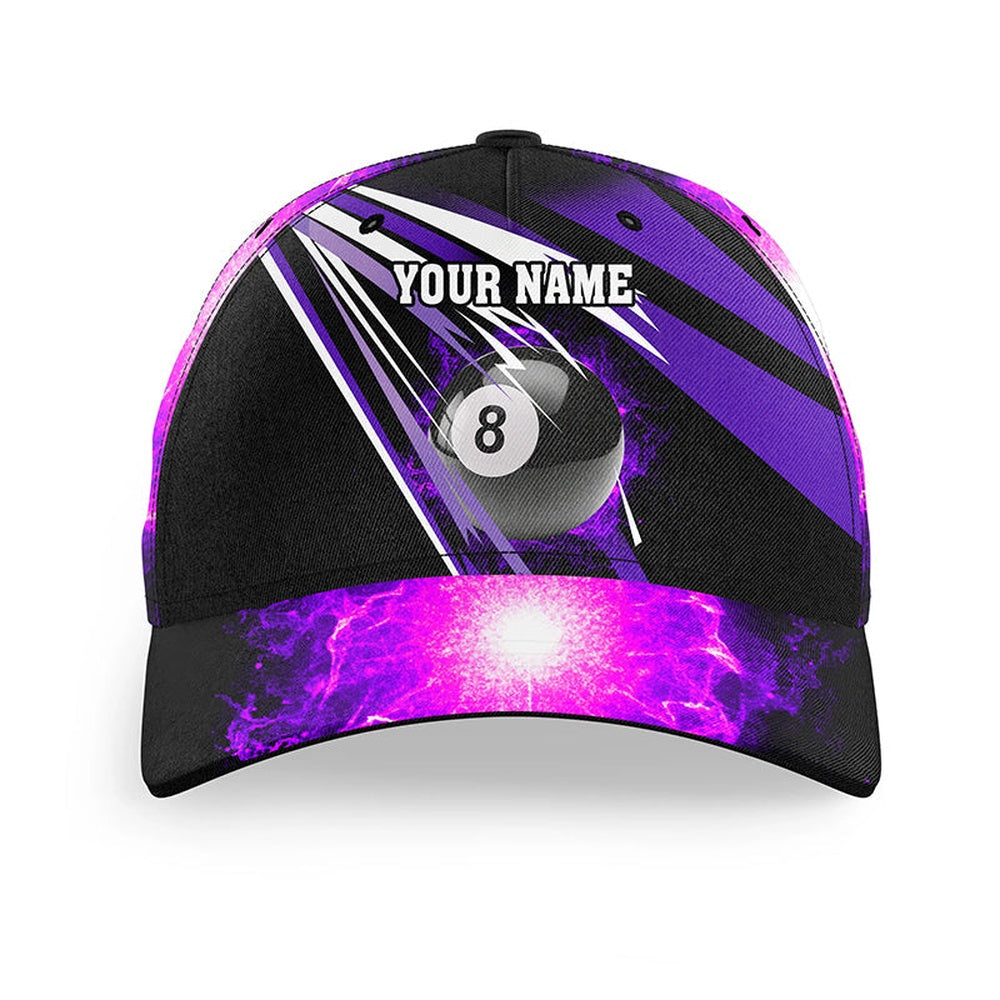 Purple 8 Ball Fire Billiard Hat For Men Custom Name Billiard Pool Team 3D Baseball Cap, Personalized Billiard Team Cap Hats