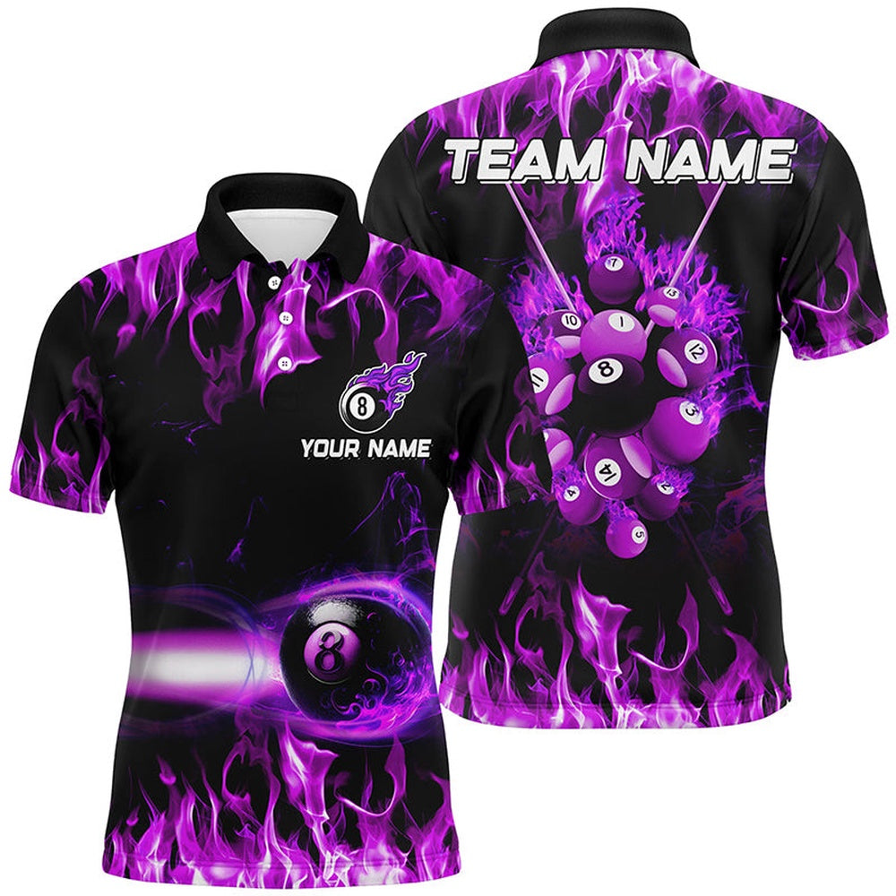 Purple 8 Ball Fire Smoke Pattern Personalized 3D Polo Shirts Best Billiard 8 Ball For Team, Billiard Team Polo Shirts