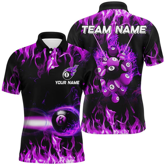 Purple 8 Ball Fire Smoke Pattern Personalized 3D Polo Shirts Best Billiard 8 Ball For Team, Billiard Team Polo Shirts