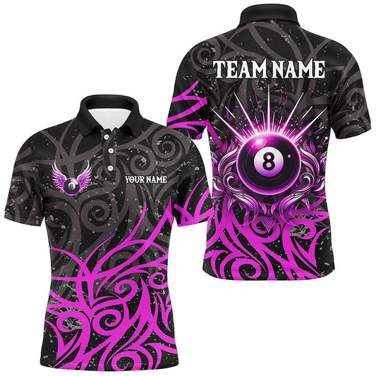 Purple 8 Ball Pool Wings Swirl Pattern Custom Billiard Shirts Unique Billiard Polo, Billiard Team Polo Shirts