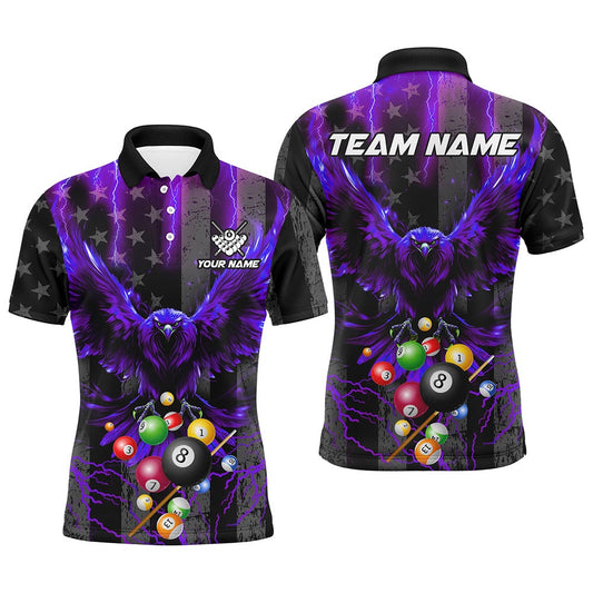 Purple American Flag Thunder Lightning Eagle Billiard Shirt, 3D Pool Balls Billiard Polo, Billiard Team Polo Shirts
