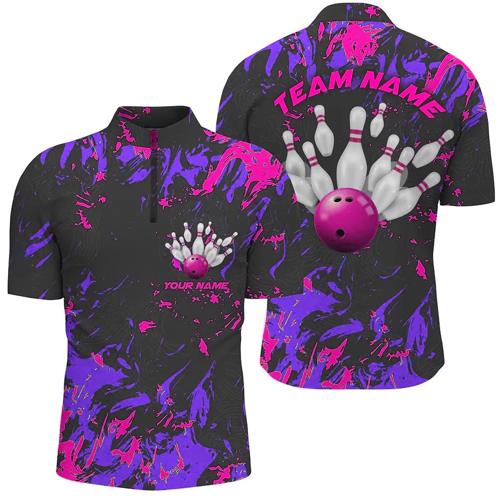 Purple And Pink Camo Bowling Team Shirts Custom Men Jersey Shirtbowling League Shirts, Bowling Jersey Shirt