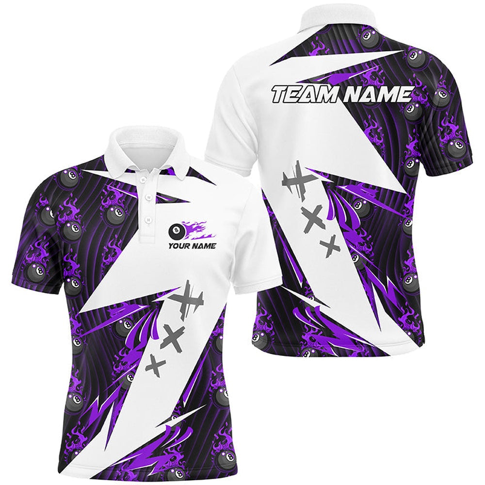 Purple Billiard 8 Ball Flame Pattern Custom Pool Shirts, Billiard Tournament Team Polo, Billiard Team Polo Shirts