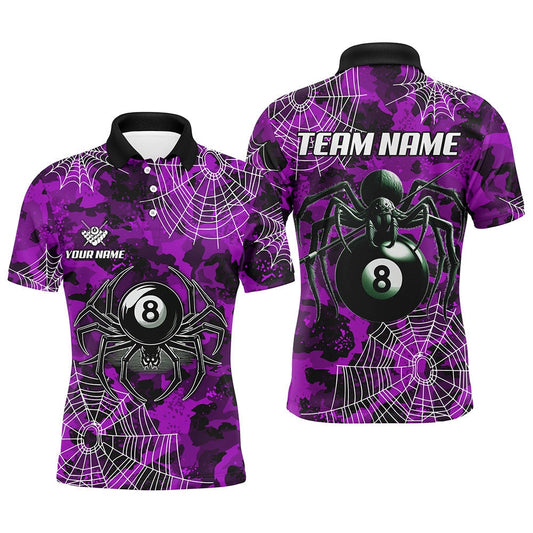 Purple Camo Billiard Spider Cobweb Custom Polo Shirts, Unique 8 Ball Pool Polo, Billiard Team Polo Shirts