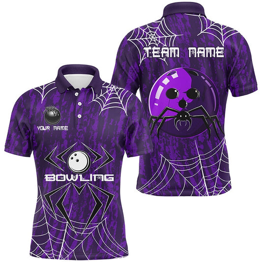 Purple Camo Bowling Polo, 14 Polo Shirts Custom Spider Web Halloween Men Team Bowling Polo, Bowling Team Shirts