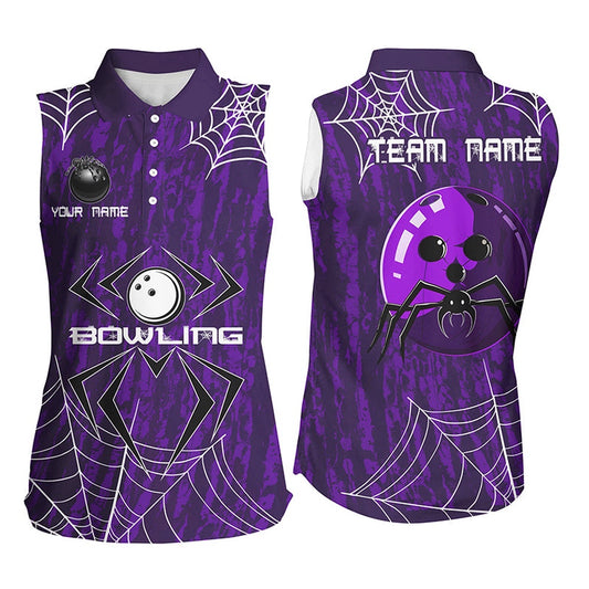 Purple Camo Bowling Sleeveless Polo Shirts Custom Spider Web Halloween Men Team Bowling Polo, Women Bowling Shirts