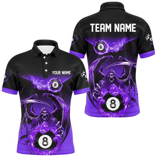 Purple Death Skeleton Flame 8 Ball Pool Billiard Shirts Custom Billiard League Team Polo, Billiard Team Polo Shirts