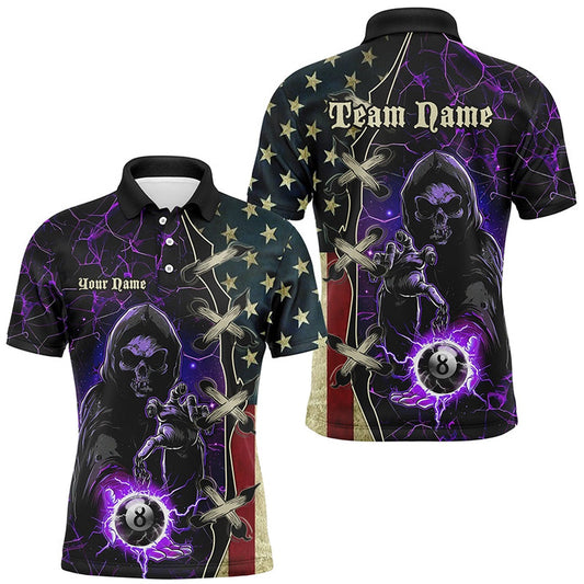 Purple Death Skeleton Lightning US Flag Billiard Shirts, Patriotic Team League Pool Polo, Billiard Team Polo Shirts