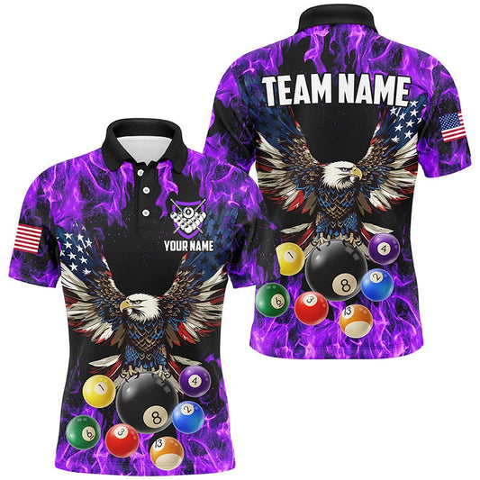 Purple Flame 3D Billiard Balls Custom American Flag Eagle Pool Billiard Team Shirts, Billiard Team Polo Shirts