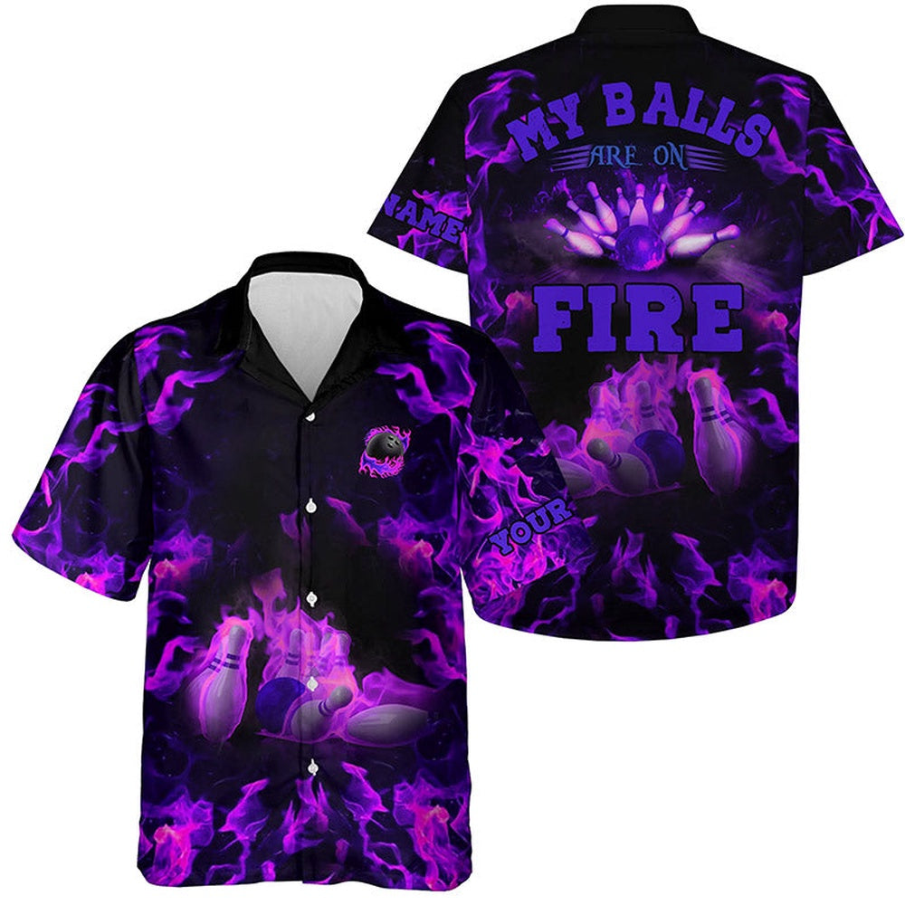 Purple Flame Bowling Shirts, Custom My Balls Are On Fire Hawaiian Shirt, Button Up Bowling Shirts, Bowling Team Hawaiian